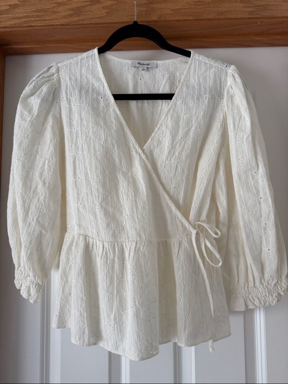 Madewell Cream Eyelet Wrap Peplum Blouse